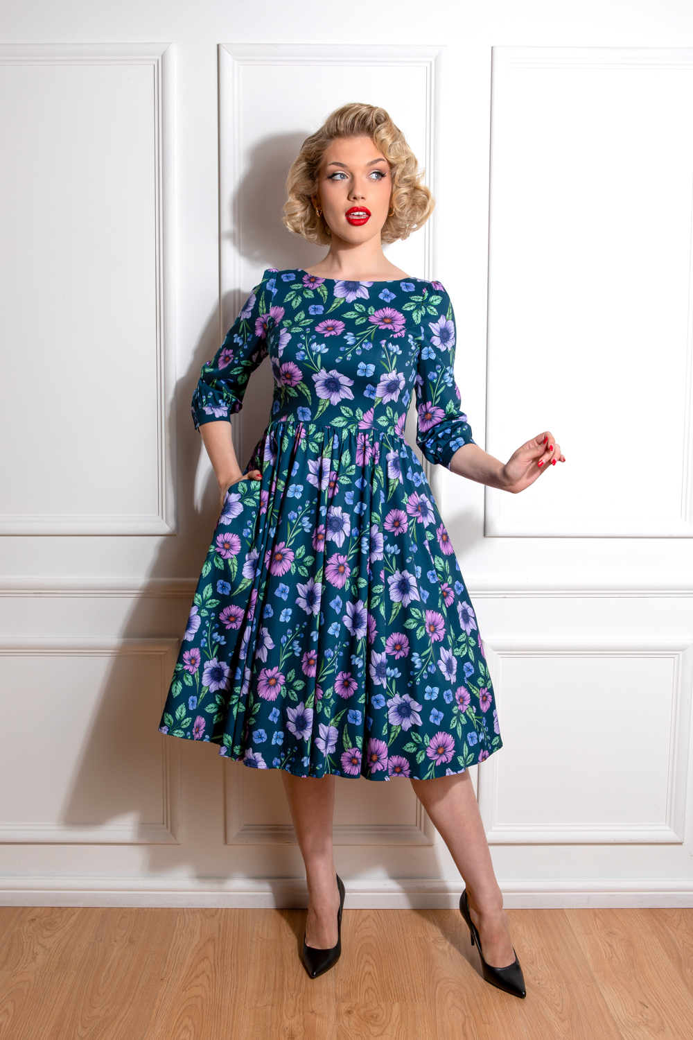 Royal Blue 50s Georgina Floral Swing Dress